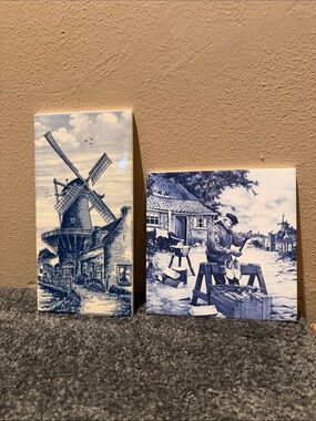 Vtg Blue Delft & Royal Mosa Windmill & Clog Maker Ceramic Tile